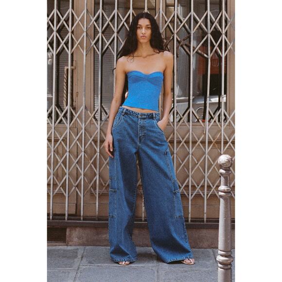 NWT Shona Joy Tovere‎ Wide Leg Cargo Jeans Dark Wash 10 / 30 - Picture 2 of 16